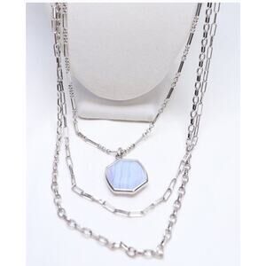 Kendra Scott Davis TRIPLE STRAND Blue Lace Agate NECKLACE Silver Tone Layering